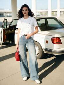 Anewsta 直筒休闲浅蓝色宽松牛仔裤，带口袋 - 藍色 - 查看 9