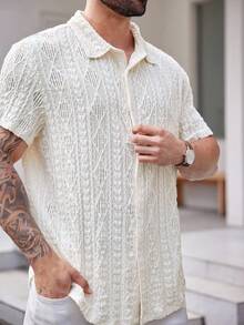 EASEVO Plus Size Men's Knit Casual Vacation Front Button Short Sleeve Shirt - Apricot - View 3