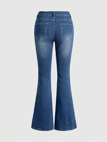 ROMWE J-Fashion Quần jeans nữ phong cách retro gợi cảm với họa tiết nhện bạc. - Rửa trung bình - Xem 2