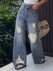 DAZY Women's Regular Waist Ripped Lace Patchwork Loose Straight Leg Jeans, Casual Street Style - Light Wash - View 5