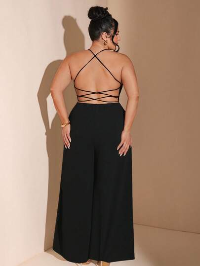 SHEIN BAE 加大码黑色吊带露背连体裤