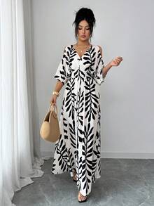 Elenzga Đầm dài mùa hè thanh lịch dành cho nữ với họa tiết dệt. - Màu be - Xem 6