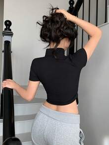 K-Vae 半拉链针织收腰运动上衣 - 黑色 - 查看 2