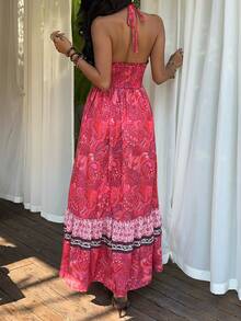 SHEIN SunnyBelle Women's Multicolor Bohemian Print Halter Dress, Casual Beach Holiday Summer Dress, Boho Vacation Style, Romantic Beach Outfit, Spring/Summer - Red - View 2
