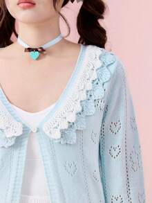ROMWE Kawaii Cute Ruffled Dual-Layer Heart & Butterfly Hollow Out Cardigan For Women - Mint Green - View 4
