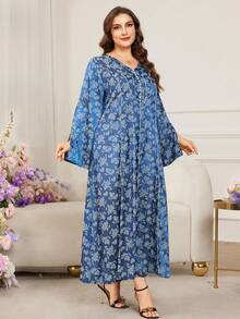 Al Najma 优雅提花撞色喇叭袖开衩下摆飘逸连衣裙，显瘦，春夏款 - 彩色 - 查看 8