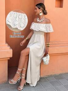 SHEIN LUNE 女士露肩荷叶边拼接度假/休闲侧开衩连衣裙，适合春夏穿着 - 杏色 - 查看 3