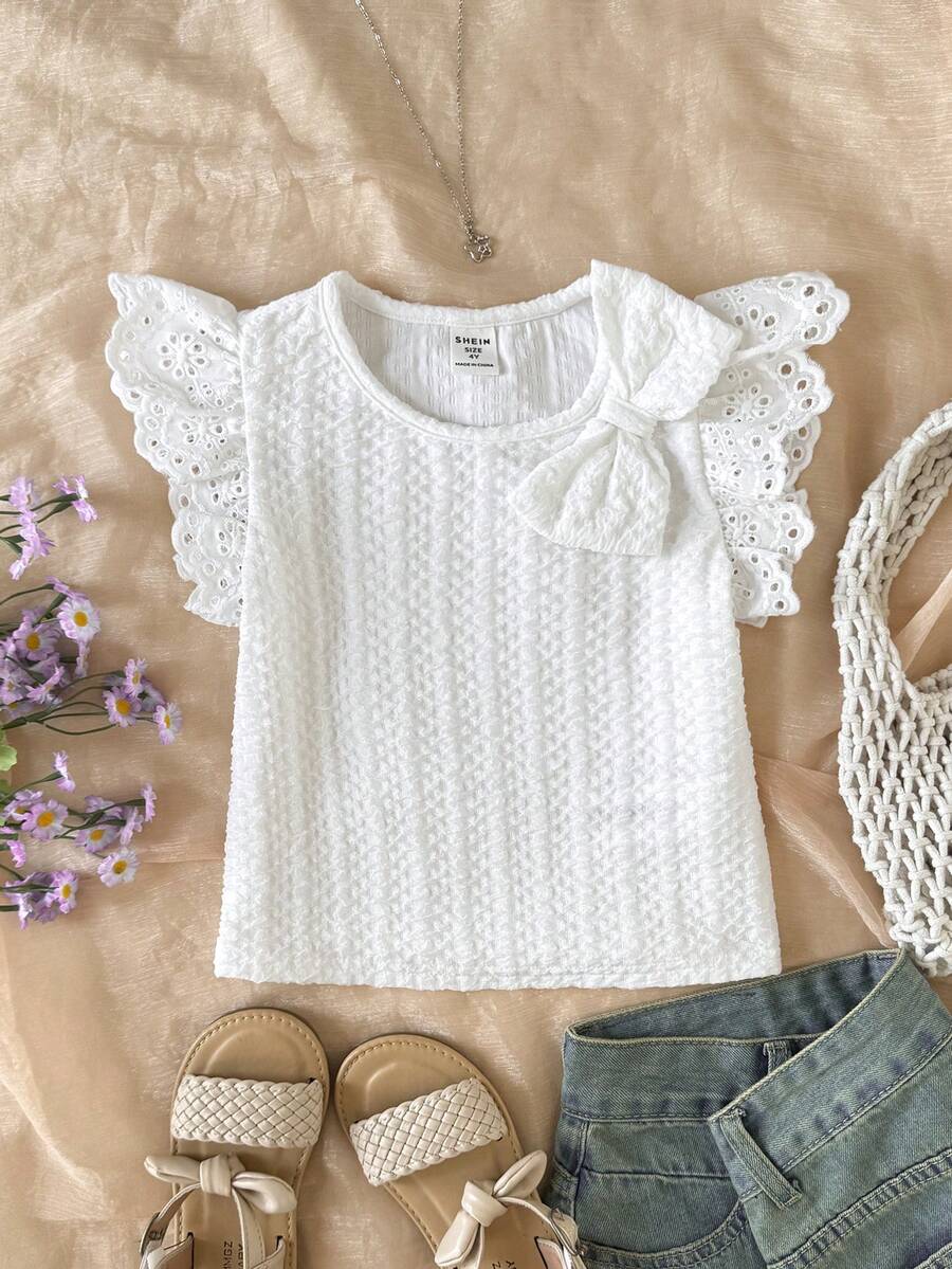 SHEIN 少女休闲度假家居拼接刺绣蕾丝边针织修身短款方领T恤上衣，白色 - 米色 - 查看 1
