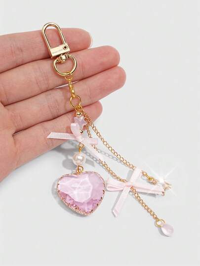 ROMWE Kawaii 1件甜美芭蕾蝴蝶结心形钻石星星吊坠包包挂饰，情人节心形钥匙扣/手机挂饰，情人节、生日、节日的绝佳礼物