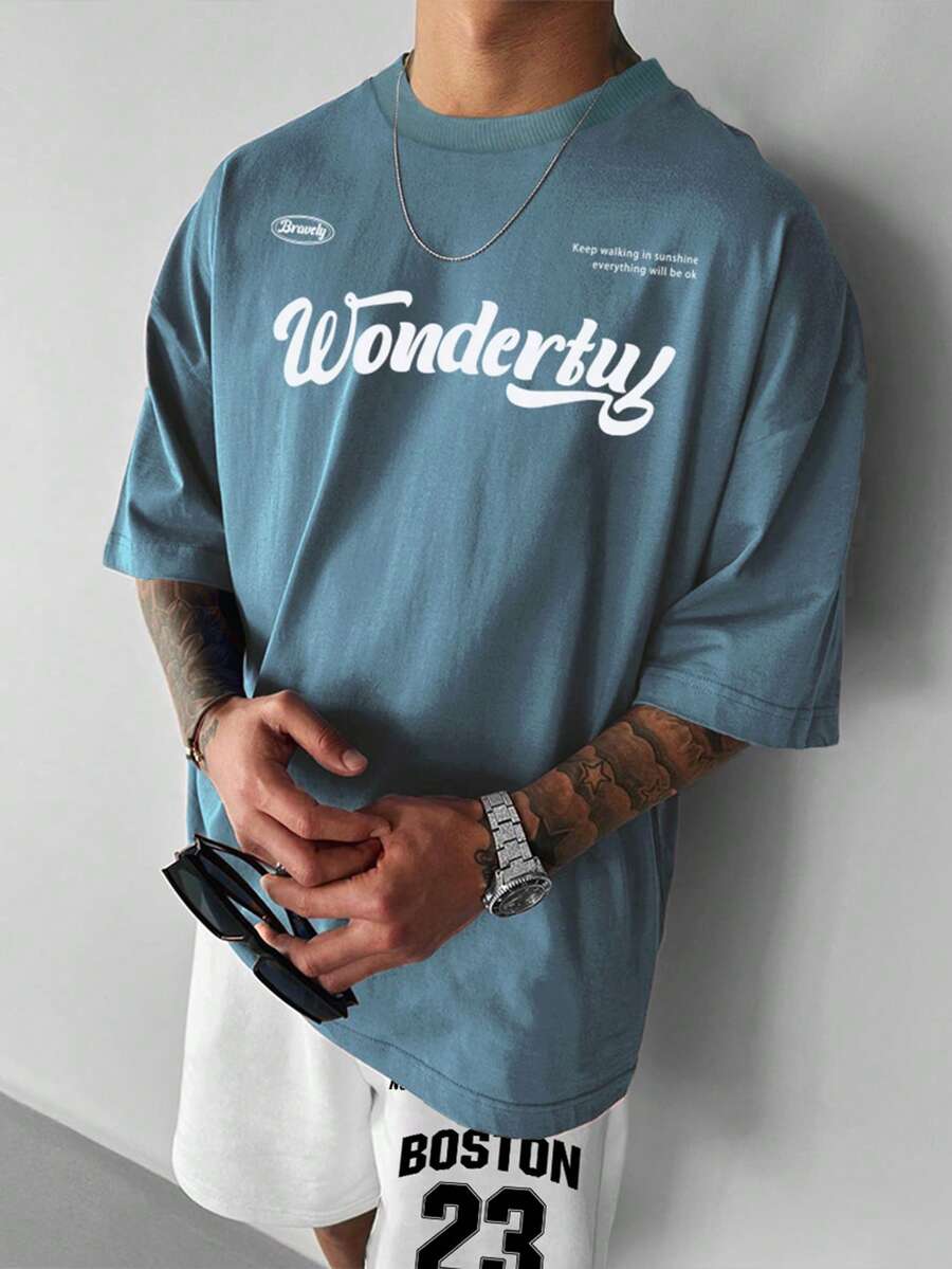 Manfinity Hypemode 男士標語圖案落肩T恤 - 藍色 - 查看 1