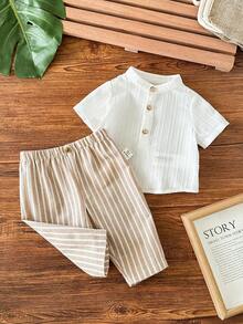 新生男宝宝休闲条纹裤和白色衬衫套装 - 米色 - 查看 4