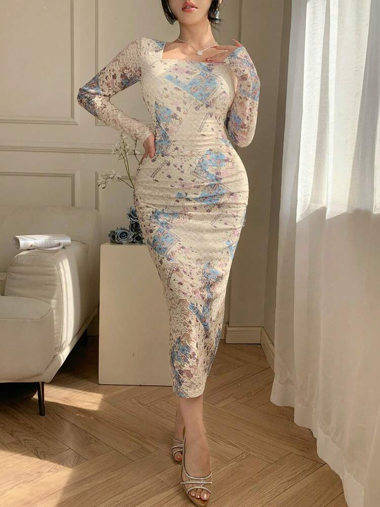 Women's Allover Print Square Neck Fitted Elegant Long Sleeve Midi Dress Wedding Guest Dress Sundress