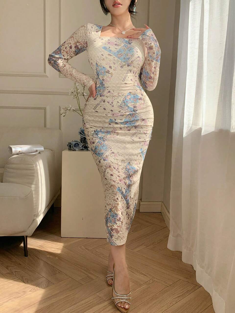 Women's Allover Print Square Neck Fitted Elegant Long Sleeve Midi Dress Wedding Guest Dress Sundress