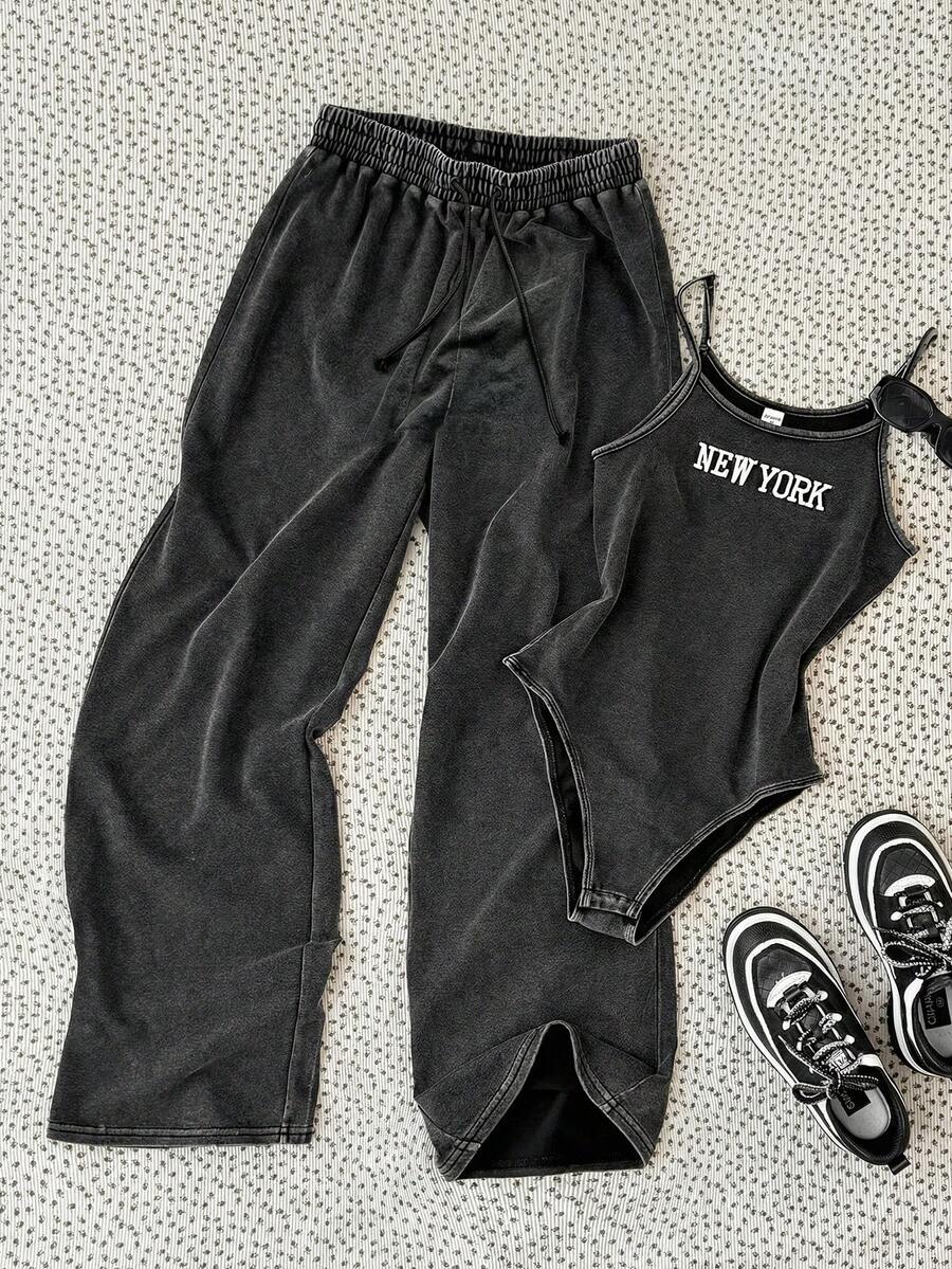 SHEIN 2pcs/Set Girls' Spring/Summer Black Snowflake Embroidered New York Text Ribbed Knit Camisole Jumpsuit And Casual Minimalist Retro Snowflake Print Pants Outfit - Dark Grey - View 1