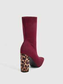 Daringsoles Pointed Toe Thick High Heel Slip-On Elastic Black Knitted Tight Fitted Sock Boots, Comfortable Sexy Leopard Pattern Elastic Ankle Boots For Women Valentine's Day - Burgundy - View 3
