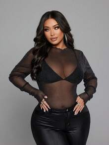 SHEIN Tall CURVE 大码纯色透视性感高领长袖女式衬衫 - 黑色 - 查看 5