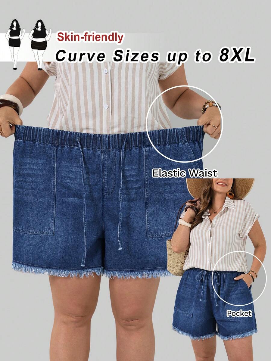 SHEIN CURVE+ Plus Size Women Drawstring Waist Pockets Wide Leg Loose Frayed Hem Casual Denim Shorts - Blue - View 1