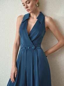 MOTF PREMIUM ELEGANT MINIMALIST WIDE LEG JUMPSUIT, SUITABLE FOR COMMUTING, SPRING/SUMMER - Teal Blue - View 1