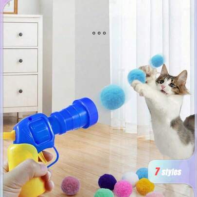 PETSIN 猫咪绒球发射器玩具，随机颜色猫咪绒球自嗨玩具。产品图片展示了使用方法，宠物互动绒球发射器玩具枪（消耗品），1个装。