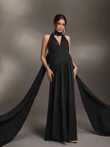Cheriluna Maternity 纯色长款露背V领孕妇写真连衣裙，带缎带 - 黑色 - 查看 5
