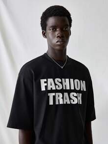 SWAVVY 男士针织休闲日常宽松短袖T恤，印有英文图案 - 黑色 - 查看 3