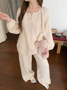 DAZY Polka Dot Print Loose Lantern Sleeve Women Pajama Set, Soft Crepe Fabric - Beige - View 11