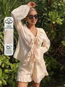 DAZY Vacation Style Textured Fabric Tie Front Ruffle Trim Women Pajama Set - Beige - View 3