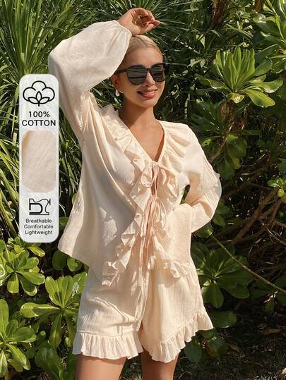 DAZY 度假风纹理面料系带荷叶边女士睡衣套装