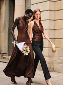 Lumivelle Backless Halter Dress For Women, Vintage Elegant Solid Color Reflective Satin Dress With Flared Skirt, Slimming & Elongating, Soft & Draping, Suitable For Daily, Date, Commute - Brown - View 7