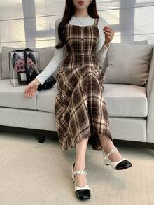 DAZY 优雅图案无袖美人鱼中长连衣裙，女士秋季吊带裙 - 棕色 - 查看 6