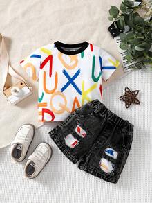 Baby Boy Letter Print Short Sleeve T-Shirt And Distressed Denim Shorts Set - Black - View 1