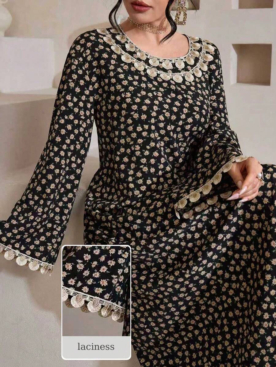 Al Najma Women's Spring/Summer Silk Velvet Woven Floral Print Long Sleeve Ruffle Hem Elegant Arabic Dress - Black - View 1