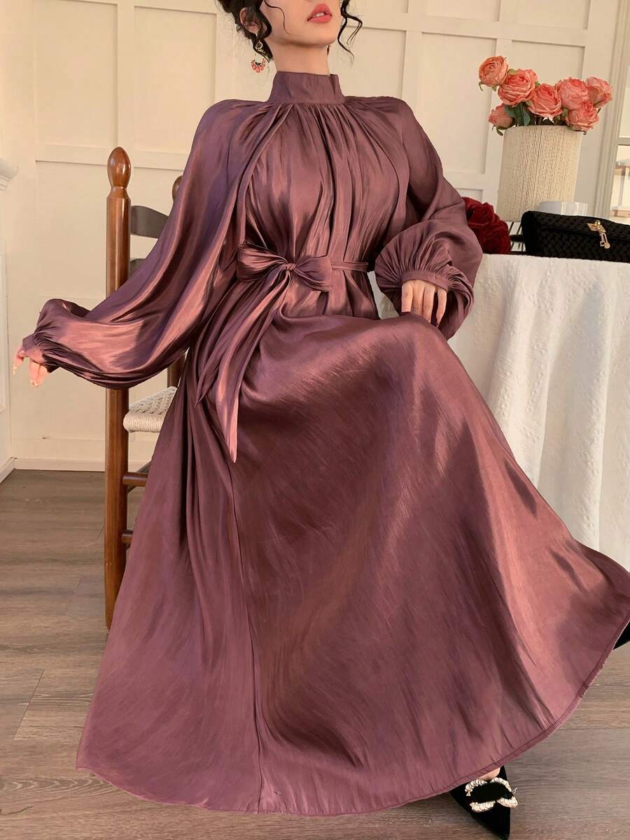 DAZY 女士优雅立领褶裥腰带束腰长裙 - 鏽棕色 - 查看 1