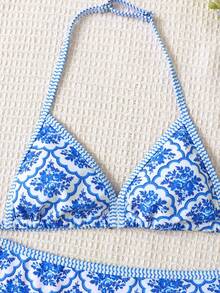 SHEIN Tween Girls Retro Botanical Floral Spaghetti Strap Bikini Set,White,Summer,Boho,Pool Party,Vacation,Holiday Blue & White Triangle Bathing Suit Outfit - Blue and White - View 3