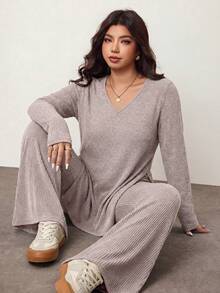 Enliva 大码休闲家居服简约露肩罗纹两件套，秋冬皆宜，适合圆润身材曲线 - 藕粉色 - 查看 3