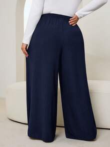 SHEIN CURVE+ 大码女式黑色口袋抽绳腰带休闲宽松阔腿裤碎花裤，女式秋季服装 - 藏蓝色 - 查看 2