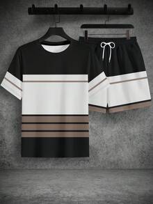 Manfinity Homme 男士休闲通勤撞色条纹印花短袖T恤短裤套装，夏季 - 彩色 - 查看 3