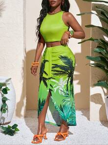Slaydiva 春夏新款音乐节复活节波西米亚西部纳什维尔生日派对毕业学生日常休闲百搭休闲邮轮旅行海滩日光浴爆款热带印花海滨度假村开衩不对称下摆棕榈树女士套装 - 綠色 - 查看 6