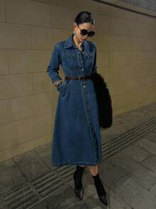 DAZY Women's Long Sleeve Fashionable Front Button Down Long Denim Dress, Casual Everyday Wear - Dark Wash - View 4