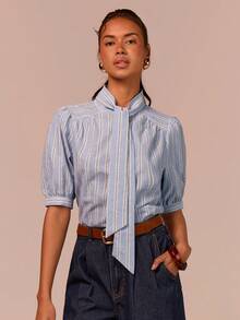 COSMINA 优雅通勤衬衫，可拆卸领带，五袖设计，蓝色条纹衬衫，夏季女士衬衫，办公 - 彩色 - 查看 3