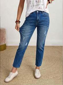 EMERY ROSE 女士休闲日常做旧斜插口袋牛仔裤 - 藍色 - 查看 3