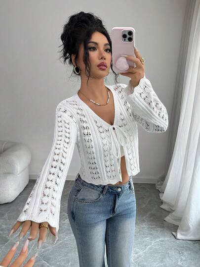 Selianne 女性用エレガントなフィット感のあるホールド アウト テクスチャード フレア スリーブ カーディガン、春夏