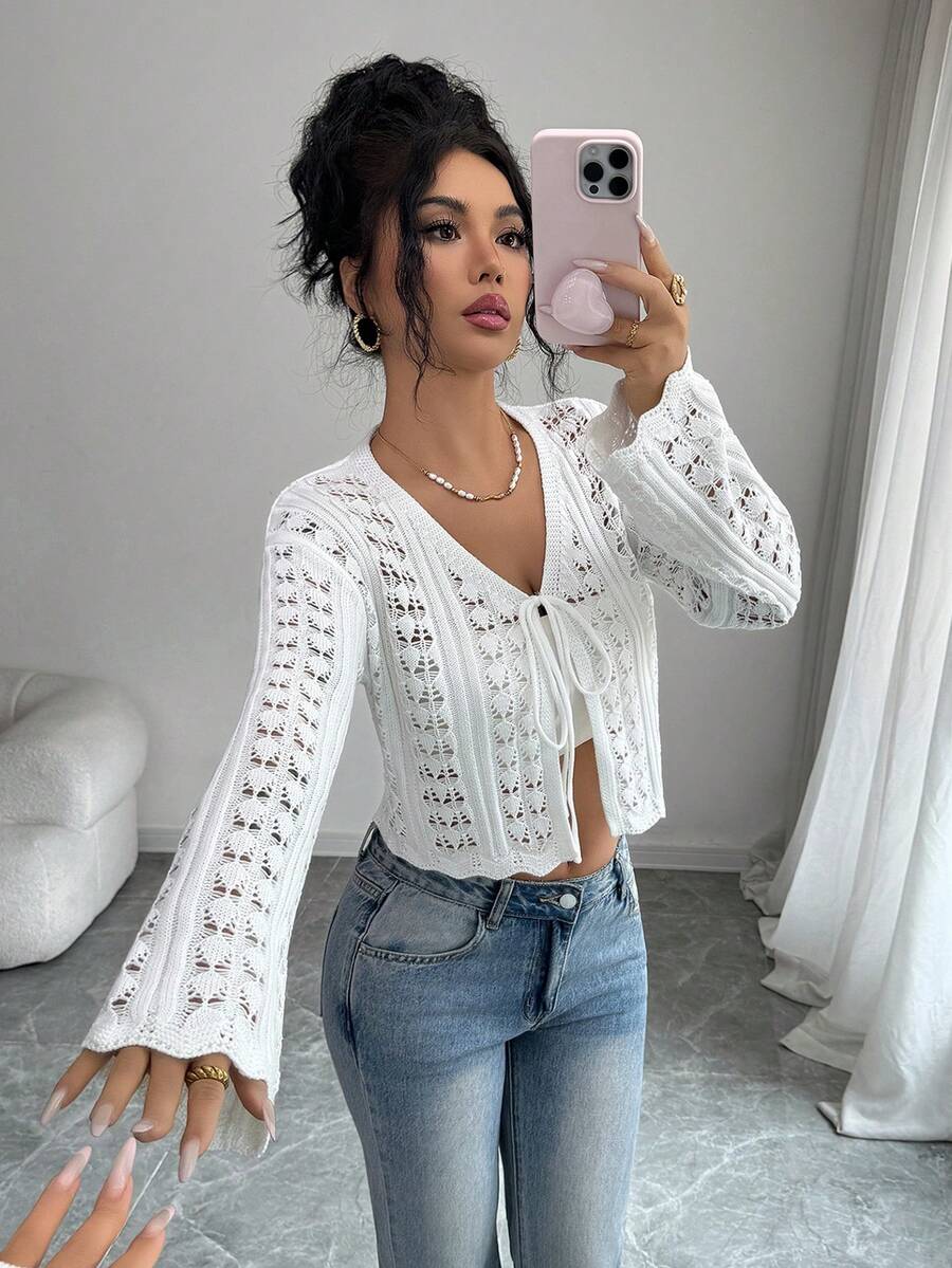 Selianne 女士优雅修身镂空纹理喇叭袖开衫，春夏款 - 白色 - 查看 1