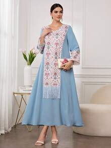 Al Najma 女士休闲纯色拼接花卉多色印花撞色流苏装饰土耳其阿拉伯风格长裙 - 淺藍色 - 查看 3