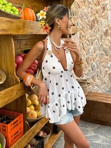 Selianne 女士波点印花性感荷叶边吊带背心，适合春夏度假和日常穿着 - 彩色 - 查看 4