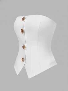 Franclia Women's Elegant Floral Button Decor Camisole Top, Summer - White - View 4