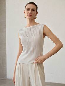 MOTF PREMIUM RIBBED HOLLOW TEXTURED KNIT SLEEVELESS KNIT TOP - White - View 4