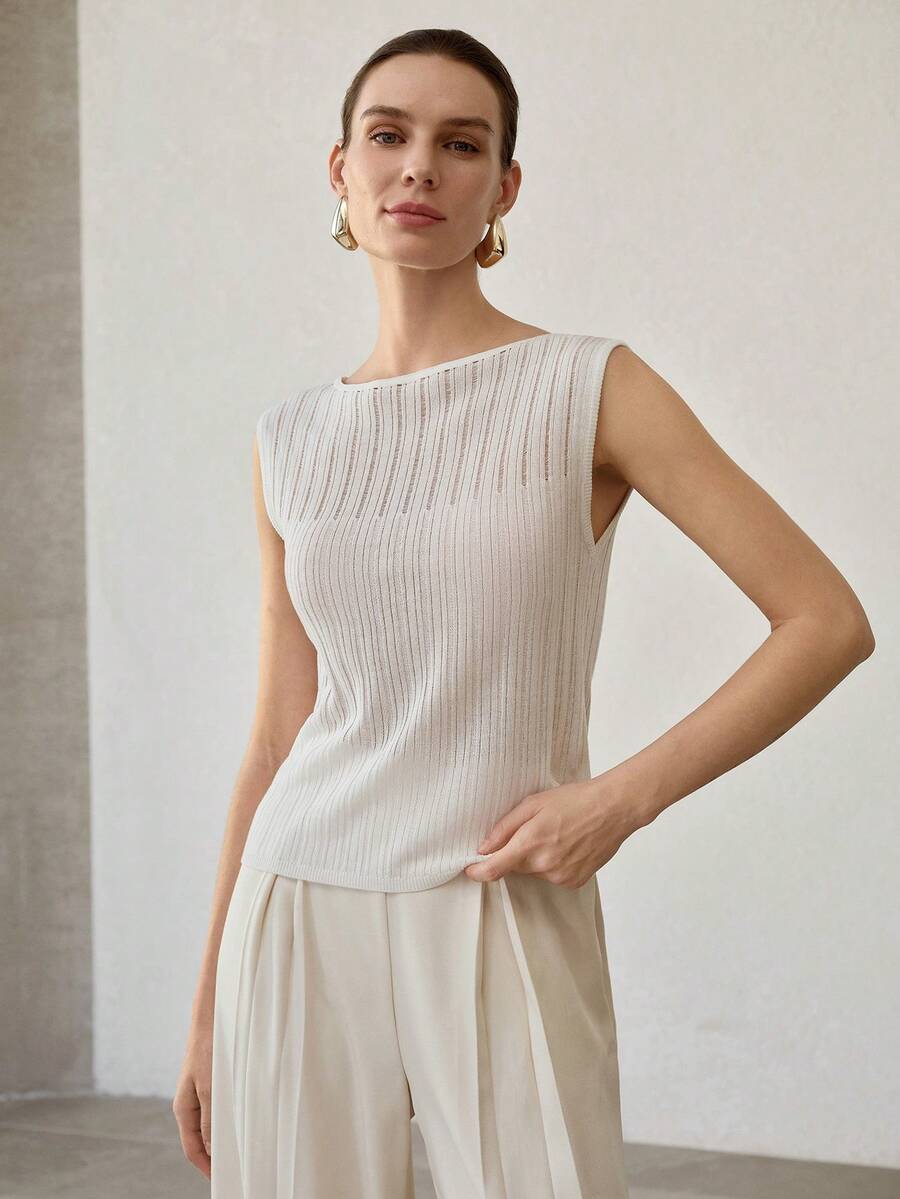 MOTF PREMIUM RIBBED HOLLOW TEXTURED KNIT SLEEVELESS KNIT TOP - White - View 1