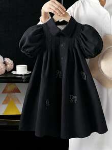 SHEIN 少女夏季时尚休闲生日派对泡泡短袖撞色蝴蝶结装饰连衣裙 - 黑色 - 查看 2