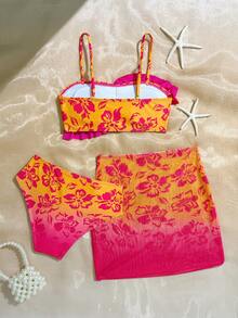 3pcs/Set Tropical Print Ruffled Tween Girl Swimwear Set - Multicolor - View 2
